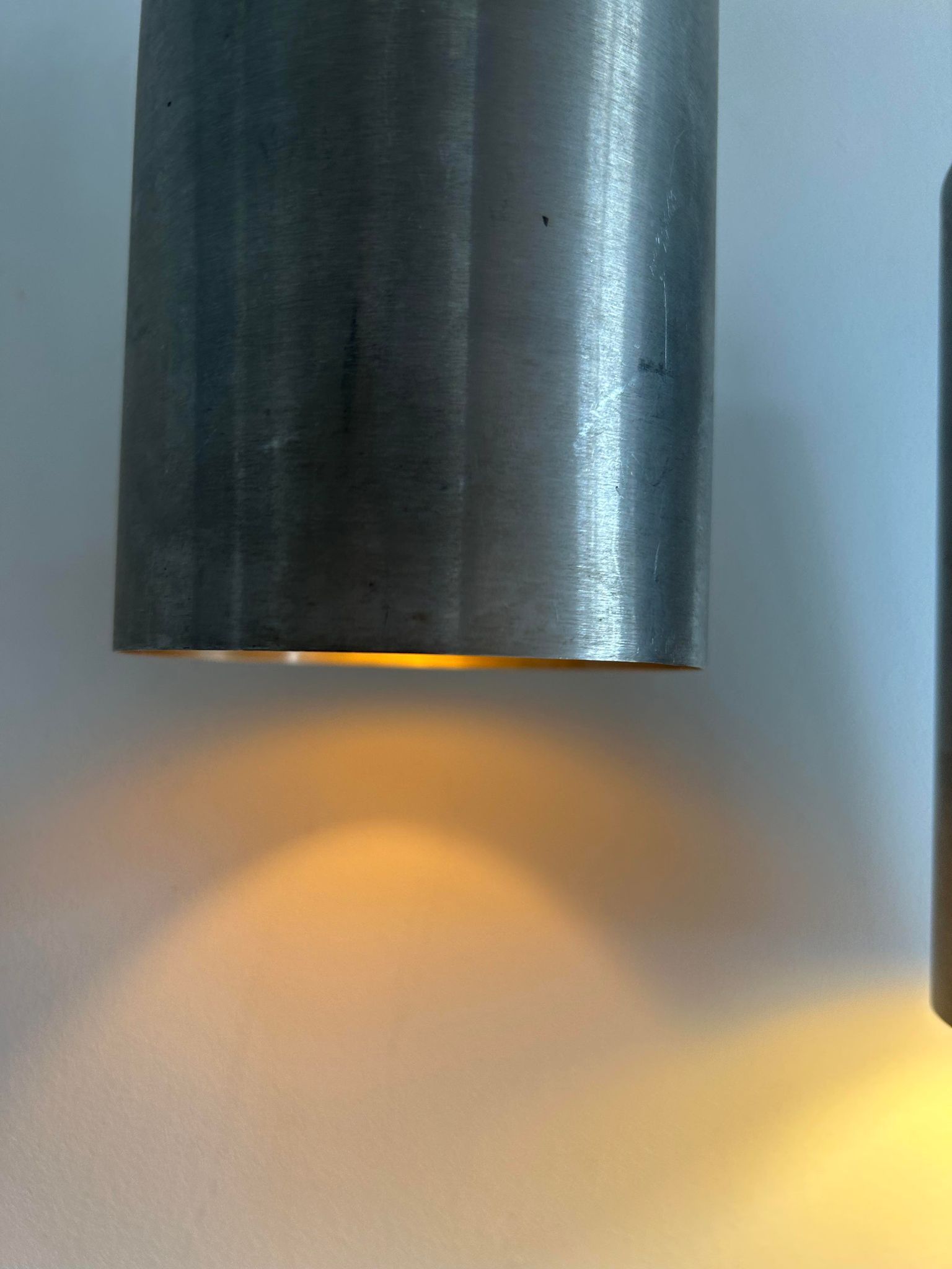 Pair of vintage brushed metal pendant lamps, France 1960