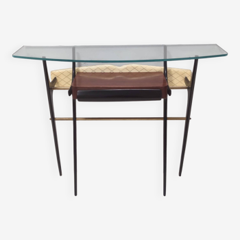 Table console vintage en hêtre noirci et verre dans le style d'ico parisi, italie