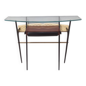 Table console vintage en hêtre noirci et verre dans le style d'ico parisi, italie