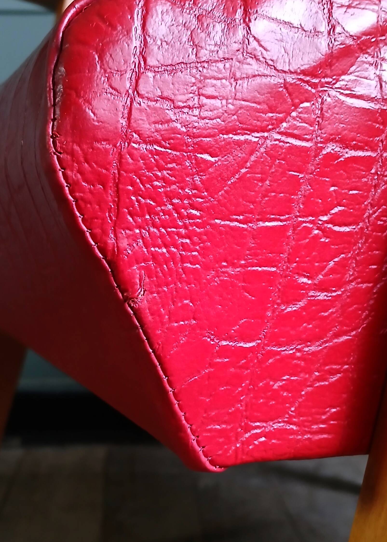 Compass leg armchair in solid beech & red crocodile-effect faux leather