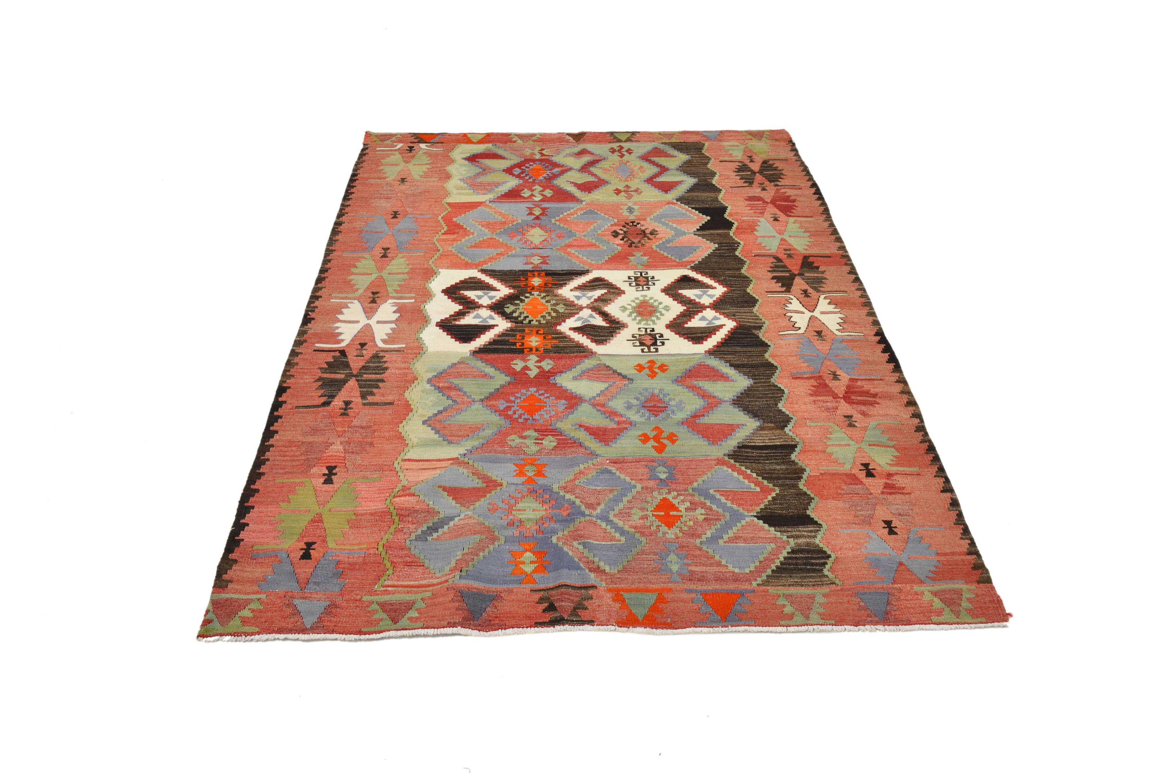 4x6 Red & Green Geometric Persian Kilim Rug, 132x194Cm