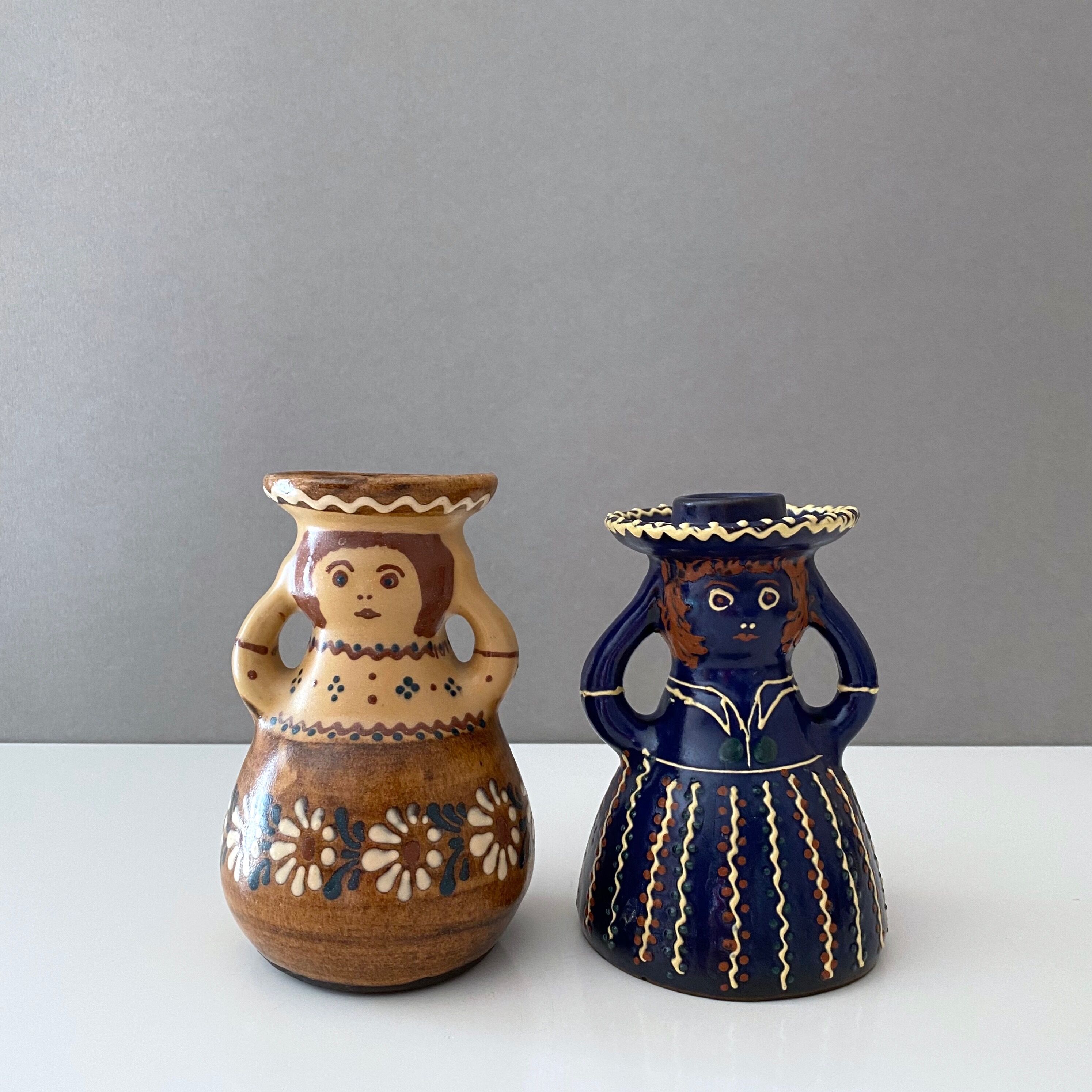 2 vintage ceramic candle holders, woman candle holder, country style, retro candle holder