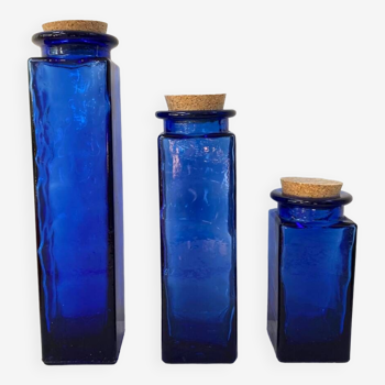 Trio of cobalt blue glass jars