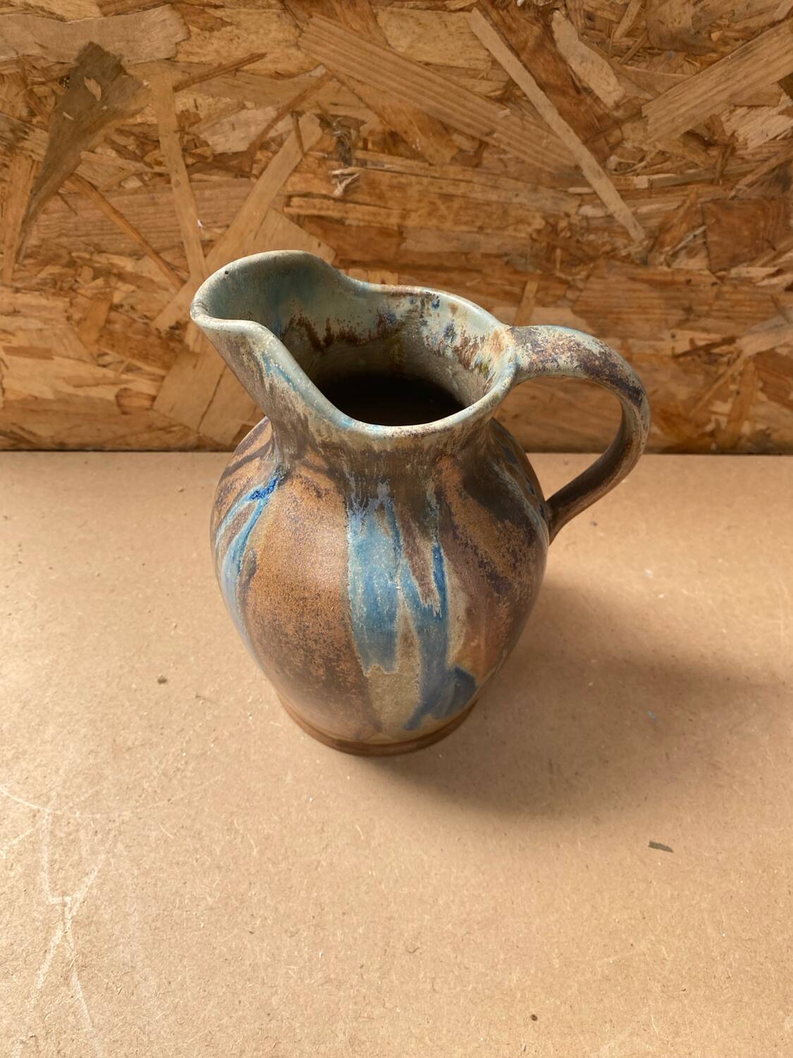 Antique art nouveau vintage blue brown flamed stoneware pitcher