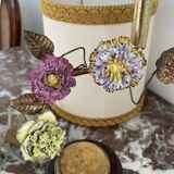 Lamp, Capodimonte, porcelain flowers, polychrome, brass leaves, cherry marble base, lampshade