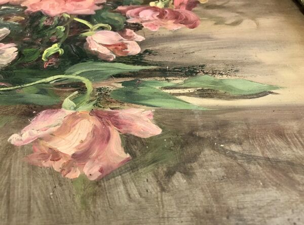 François Félix Roubaud Nature morte huile sur panneau de bois bouquet roses pivoines XIX