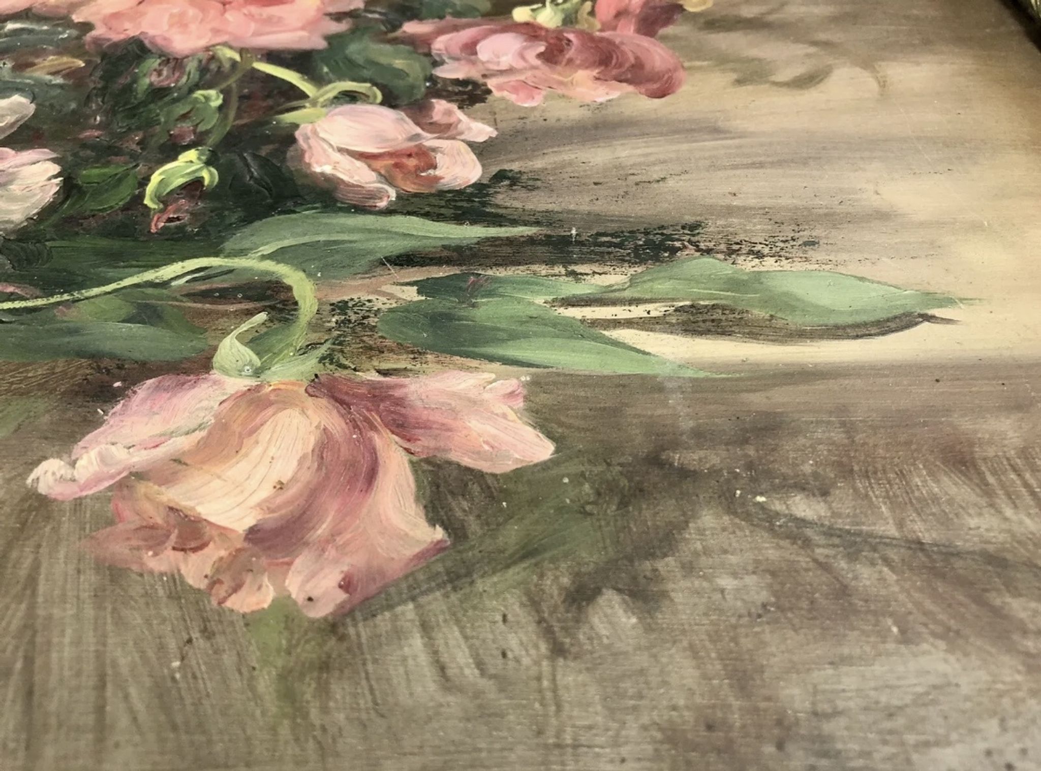 François Félix Roubaud Still life oil on wooden panel bouquet roses peonies XIX