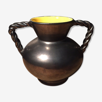 Vase en céramique noir irisé et jaune