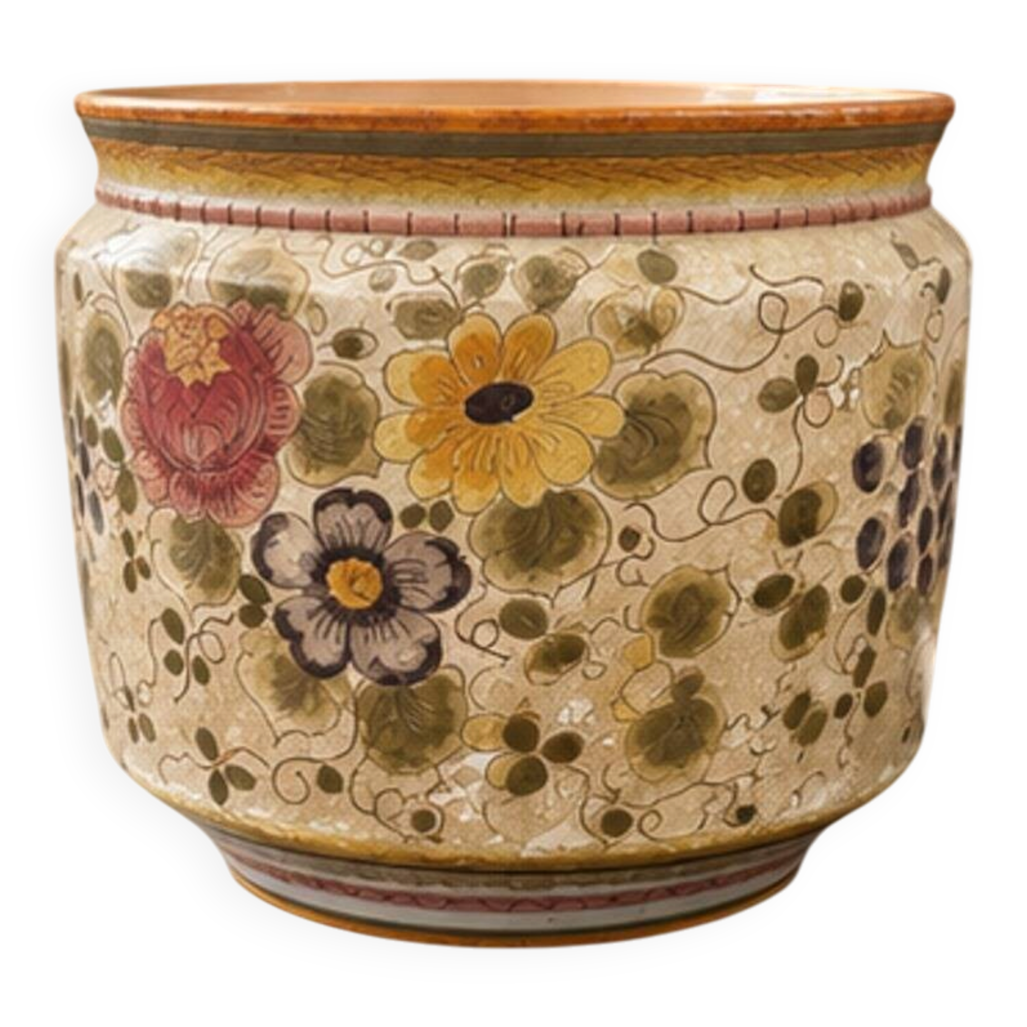 Large Italian Hand-Painted Ceramic Jardinière with Floral and Grape Motifs,