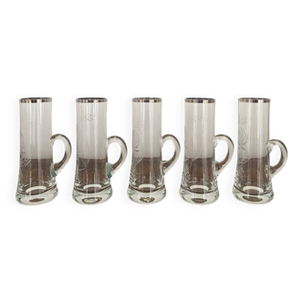 5 vintage shot, liqueur, digestive glasses, with transparent glass handle engraved with a rose