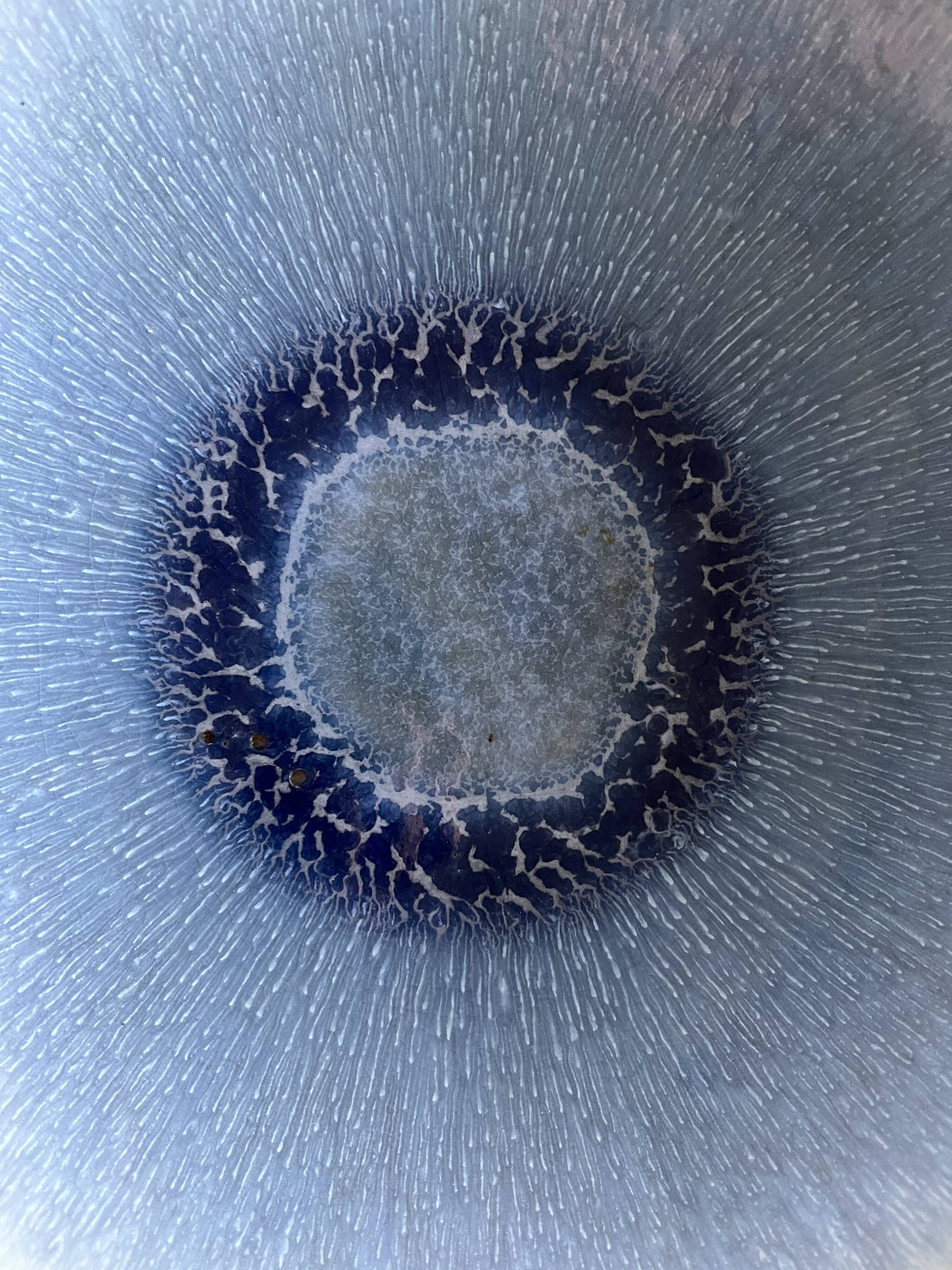 Large blue artisanal ceramic shallow dish from the 20th century.