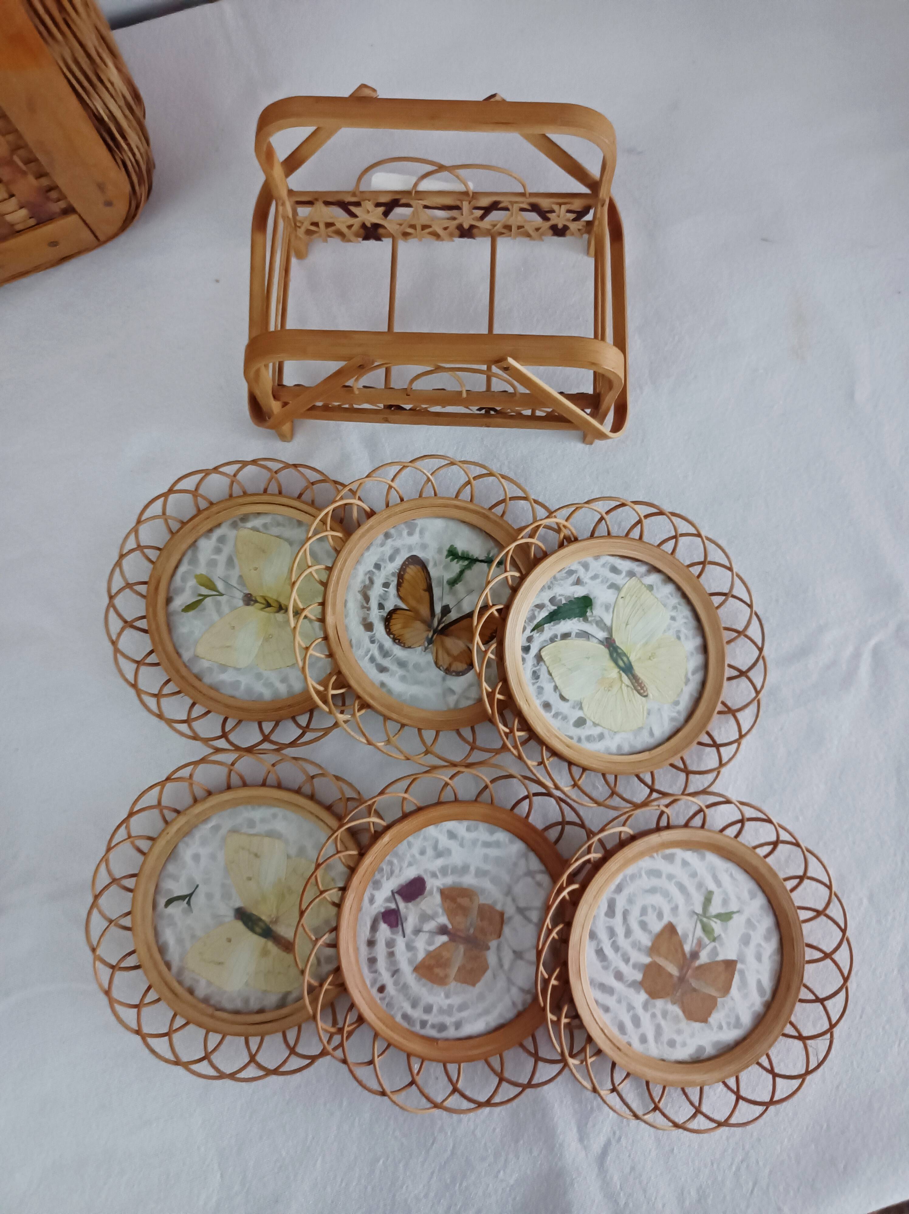 Set of 6 butterfly wicker coasters