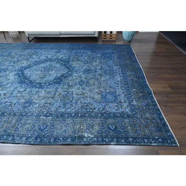 1970s Vintage Persian Handmade Wool Cotton Blue Area Rug 297x385