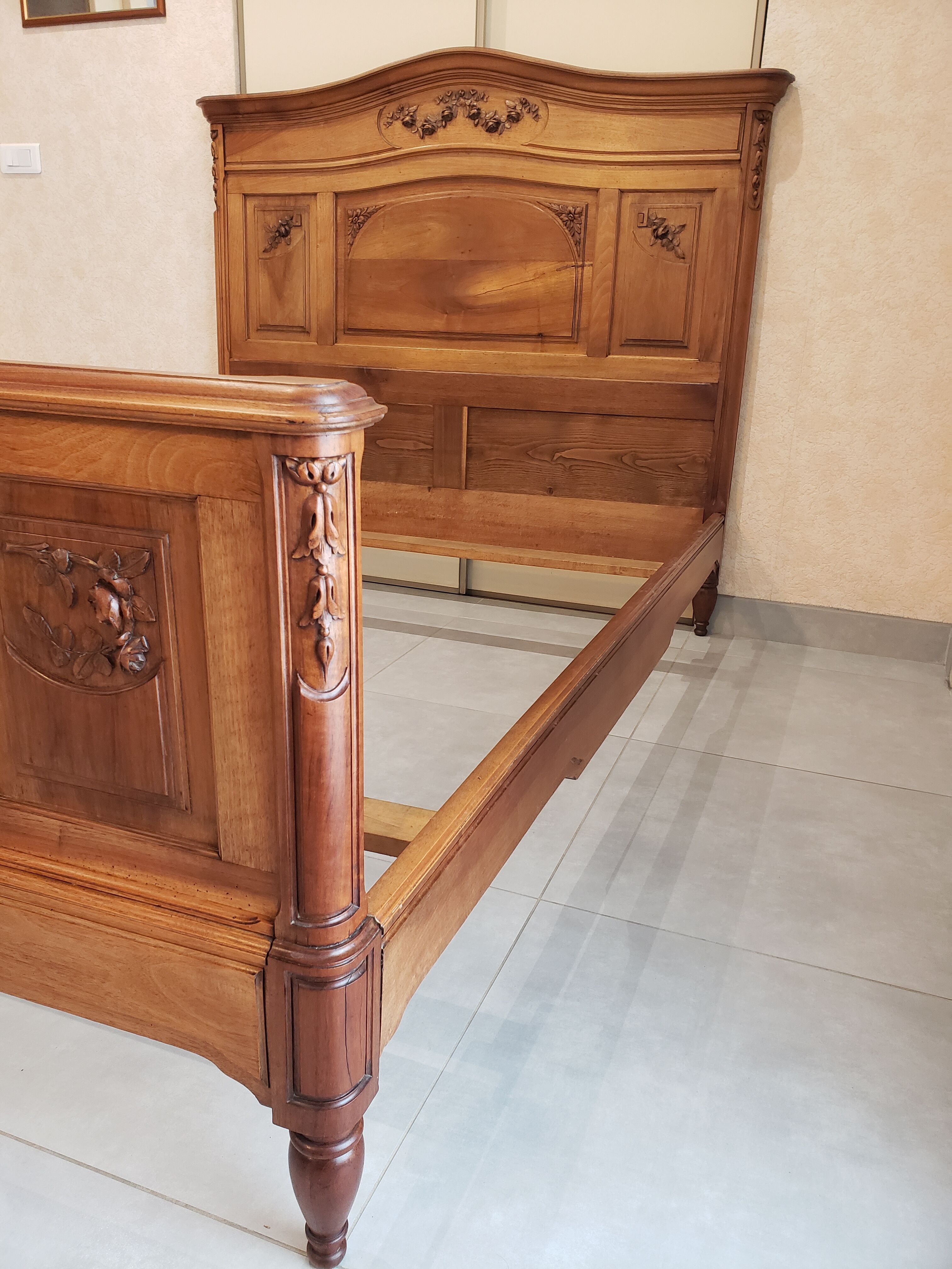 Vintage old walnut bed carved late nineteenth century