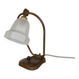 Lampe de bureau articulée antique Jugendstil des années 1920 en bronze avec abat-jour en verre