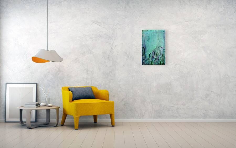 Contemporary paintig in teal, purple and green shades, acrylic on canvas