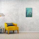 Contemporary paintig in teal, purple and green shades, acrylic on canvas