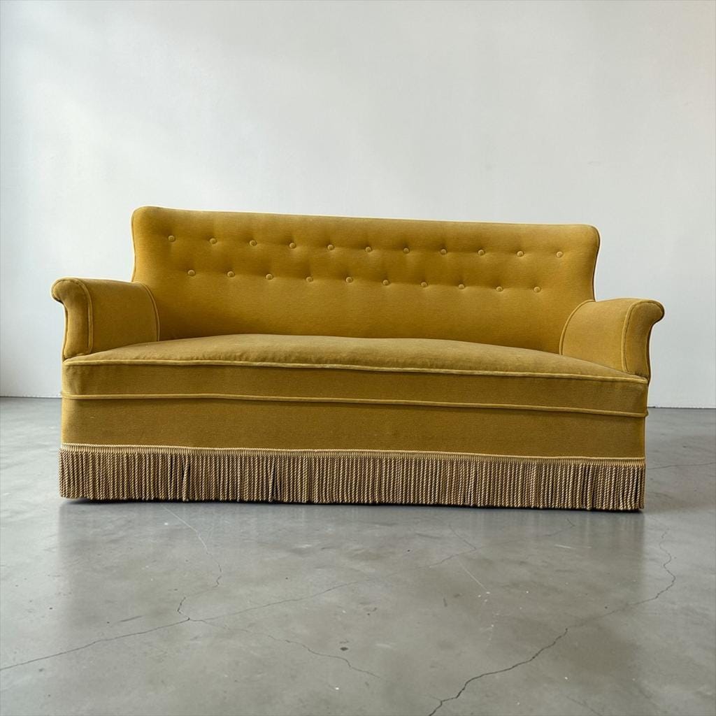 Vintage ochre yellow sofa / three-seater with fringes