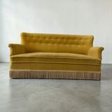 Vintage ochre yellow sofa / three-seater with fringes