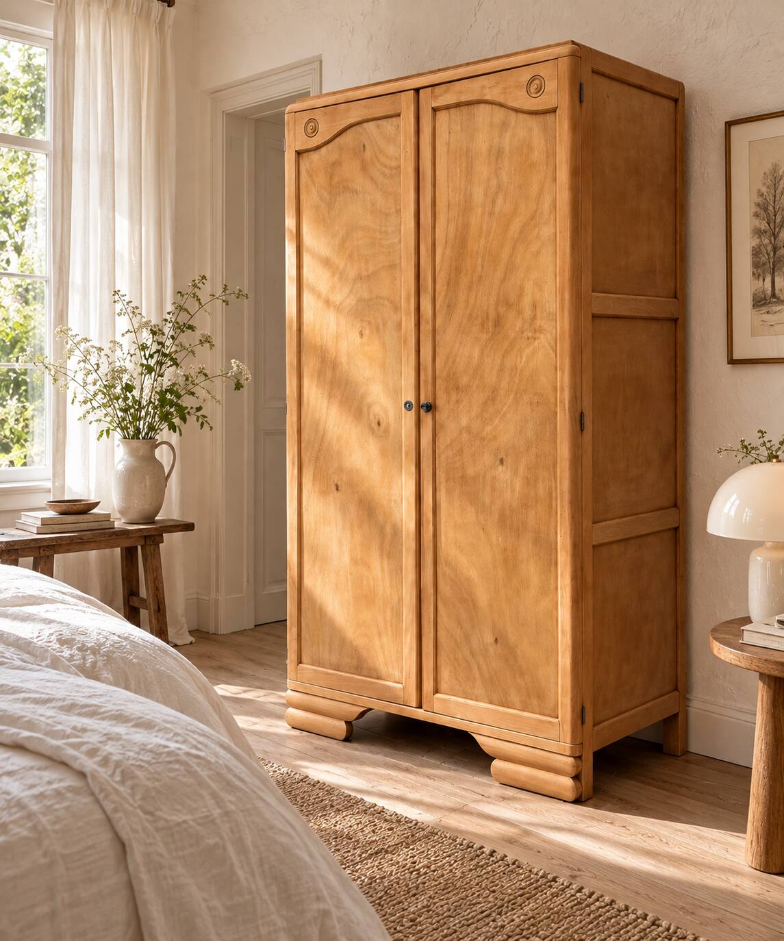 Parisian Art Deco wardrobe, renovated with raw wood.