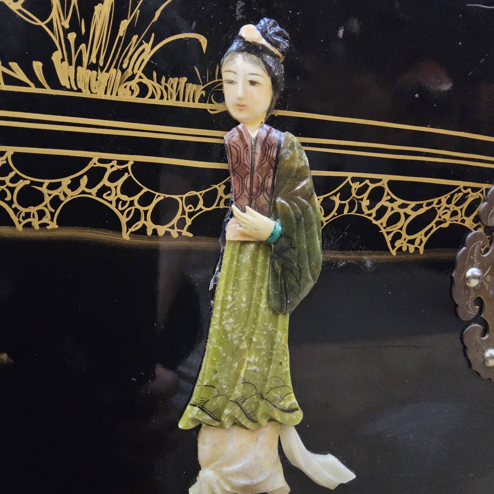 Vintage Chinese black lacquer cabinet soapstone, mother-of-pearl bohemia