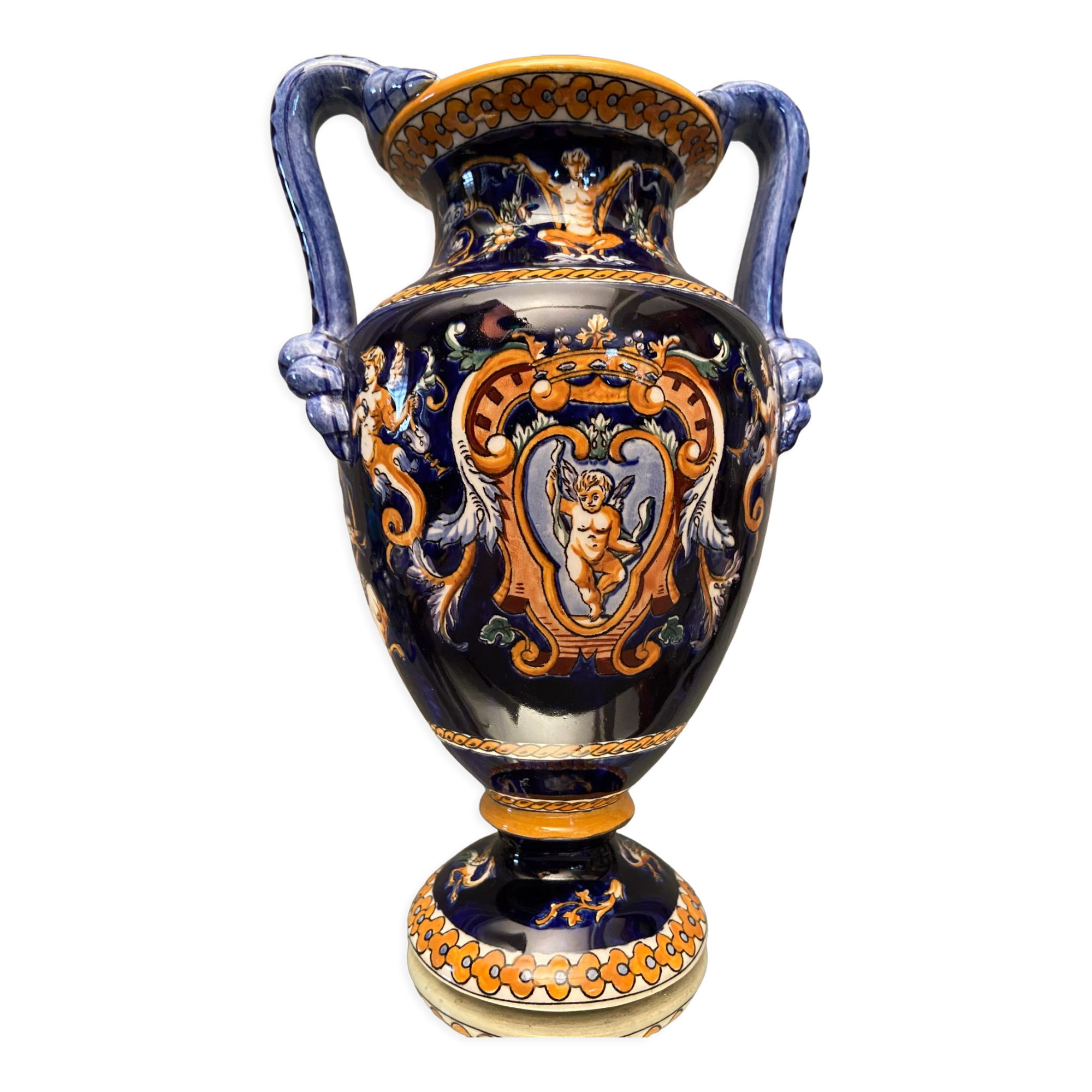 Vase on pedestal with handles in earthenware Gien Italian Renaissance decoration