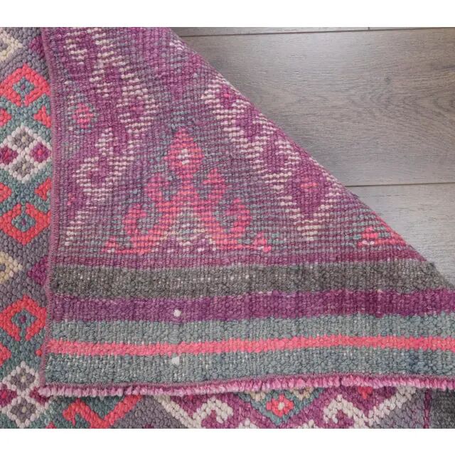Vintage pink diamond Turkish hand-knotted runner rug 96x345