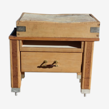 Butcher's log cabinet with two drawers and location for kitchen utensils