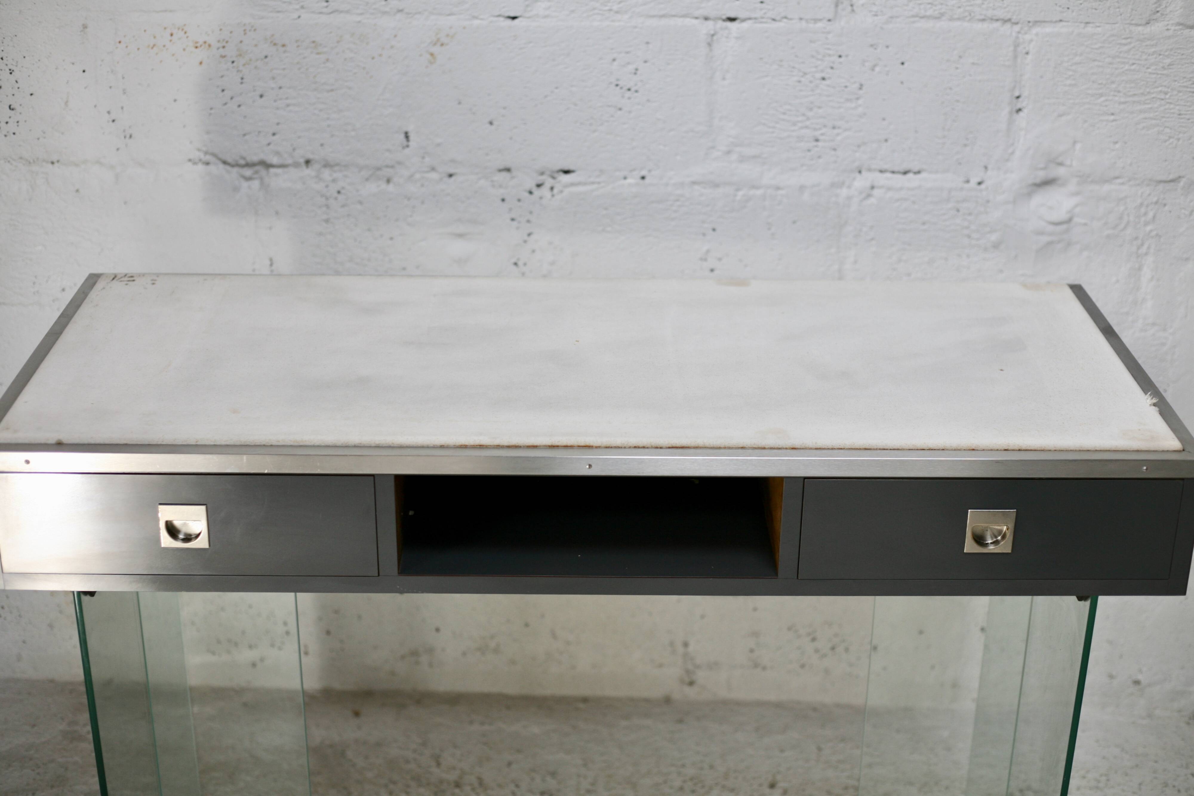 Modernist console, 1960s, glass base, wooden and fabric top.