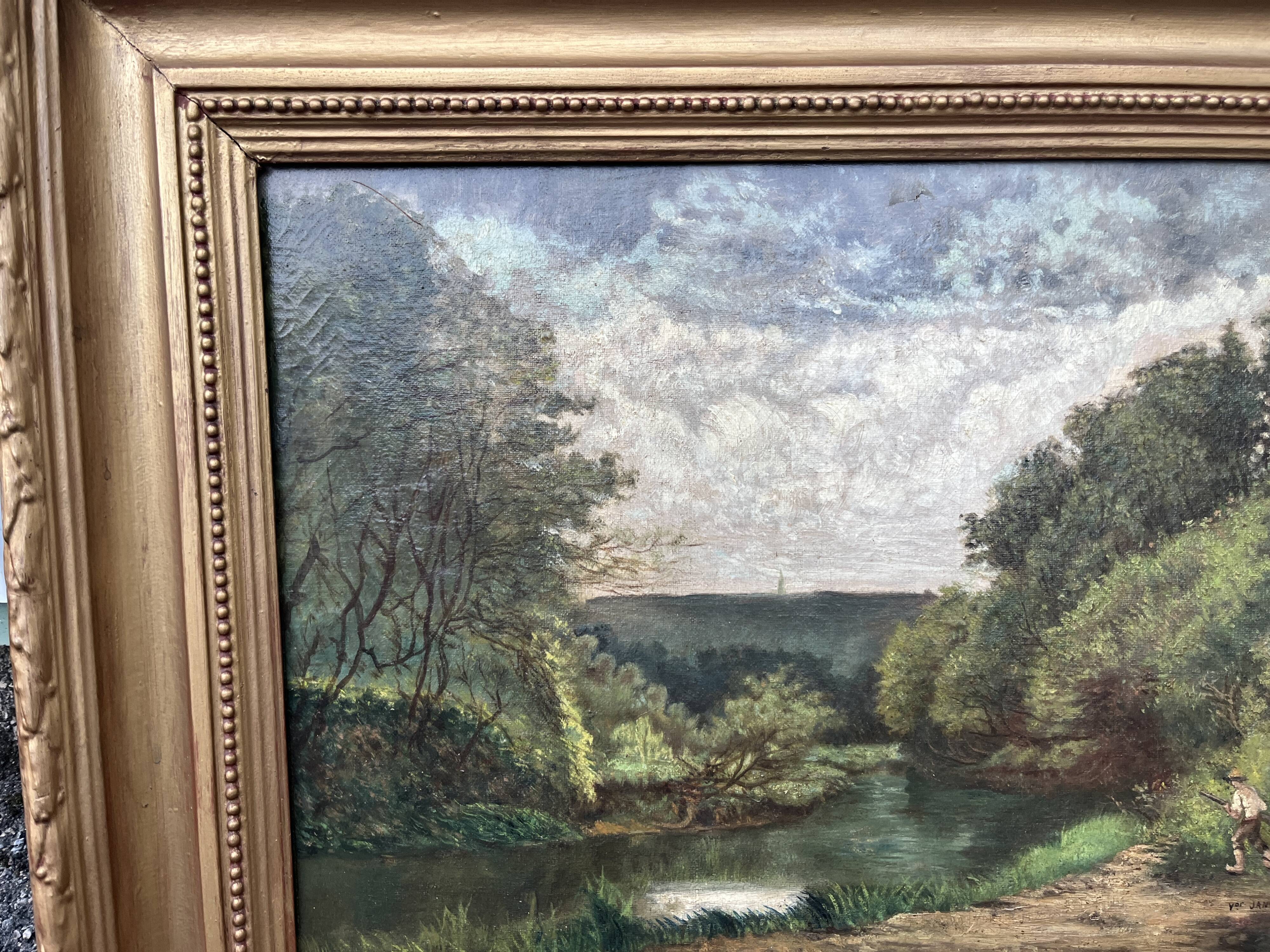 19th century painting, signed Vor Janin 1883 – Lively landscape by the water