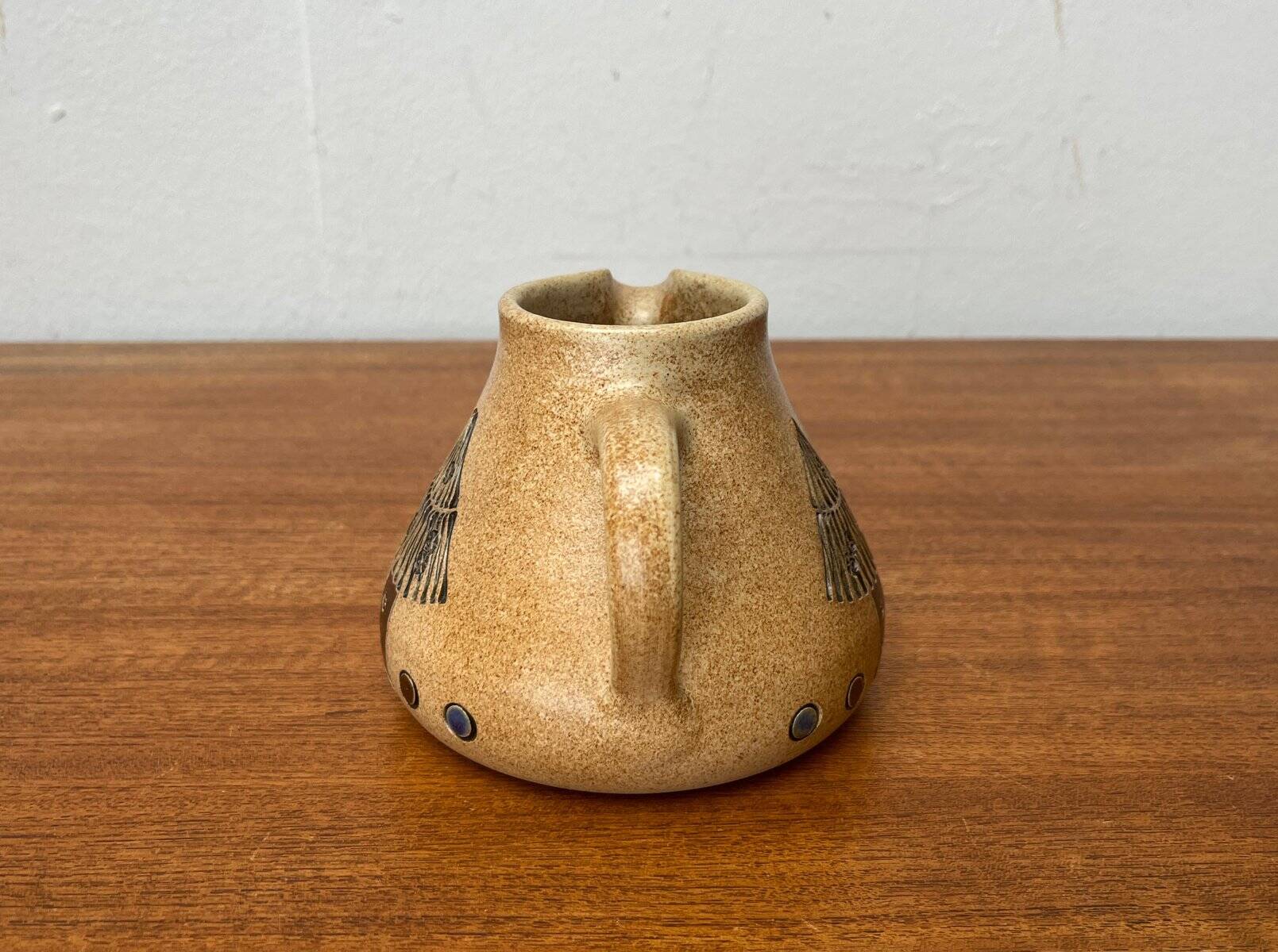 Mid-century German ceramic studio pitcher with owl motif by Heinz Theo Dietz, 1960s.