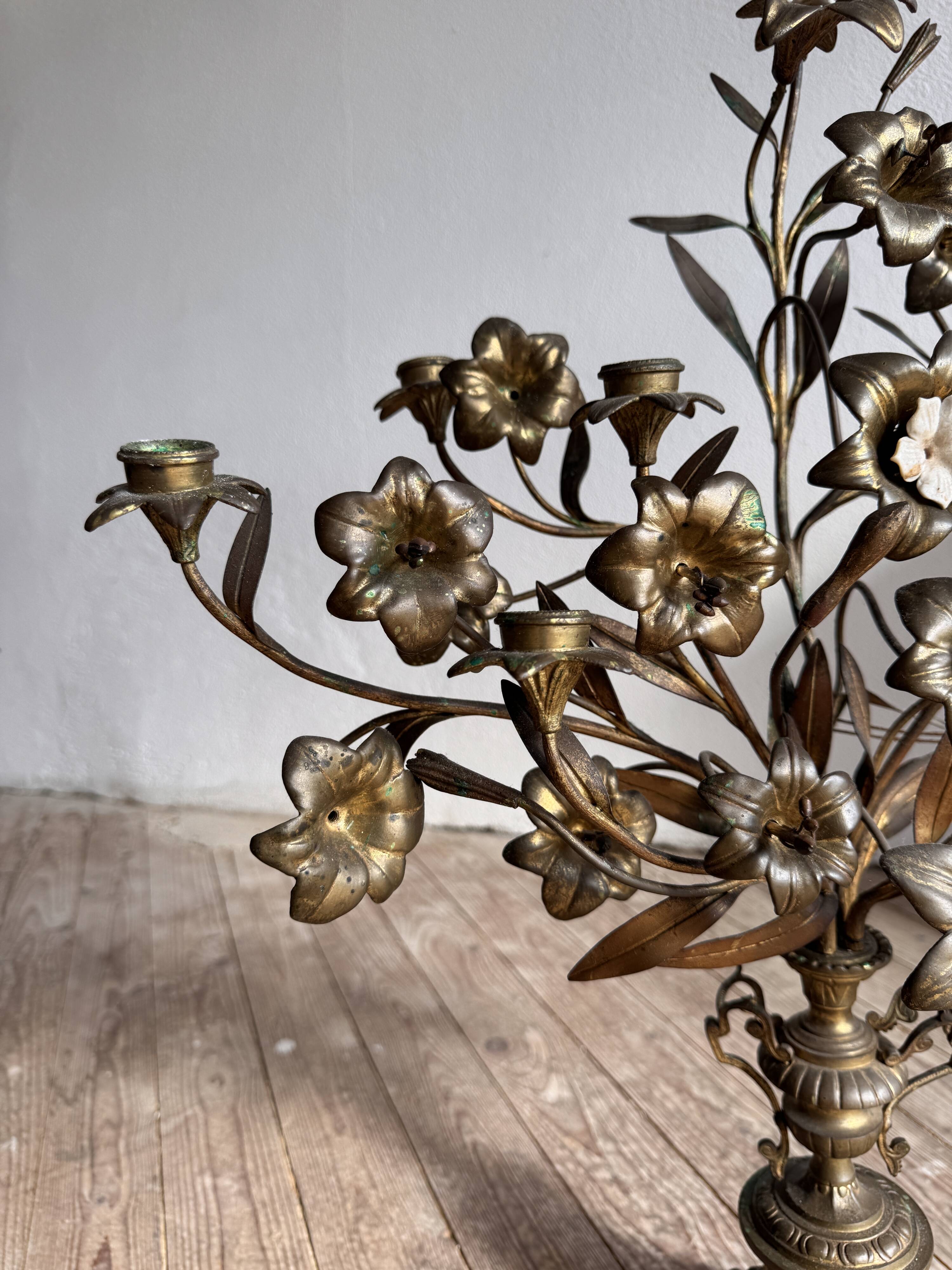 Pair of large 9-light altar candelabra, 19th century, in bronze and brass