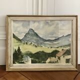 Watercolor framed under glass countryside landscape