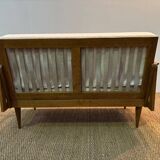 1950s restored oak bench with asymmetrical legs