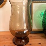 Vase en verre bullé marron fumé – forme tulipe évasée – vintage ann