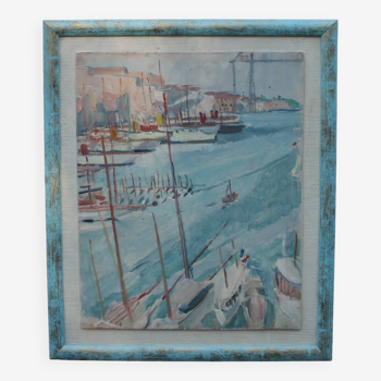 Oil on wooden panel representing the port of Marseille