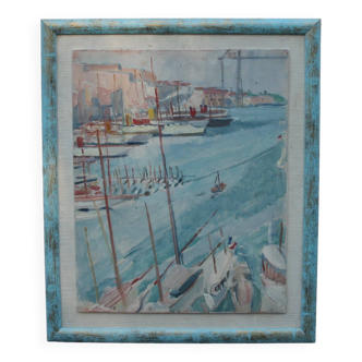 Oil on wooden panel representing the port of Marseille