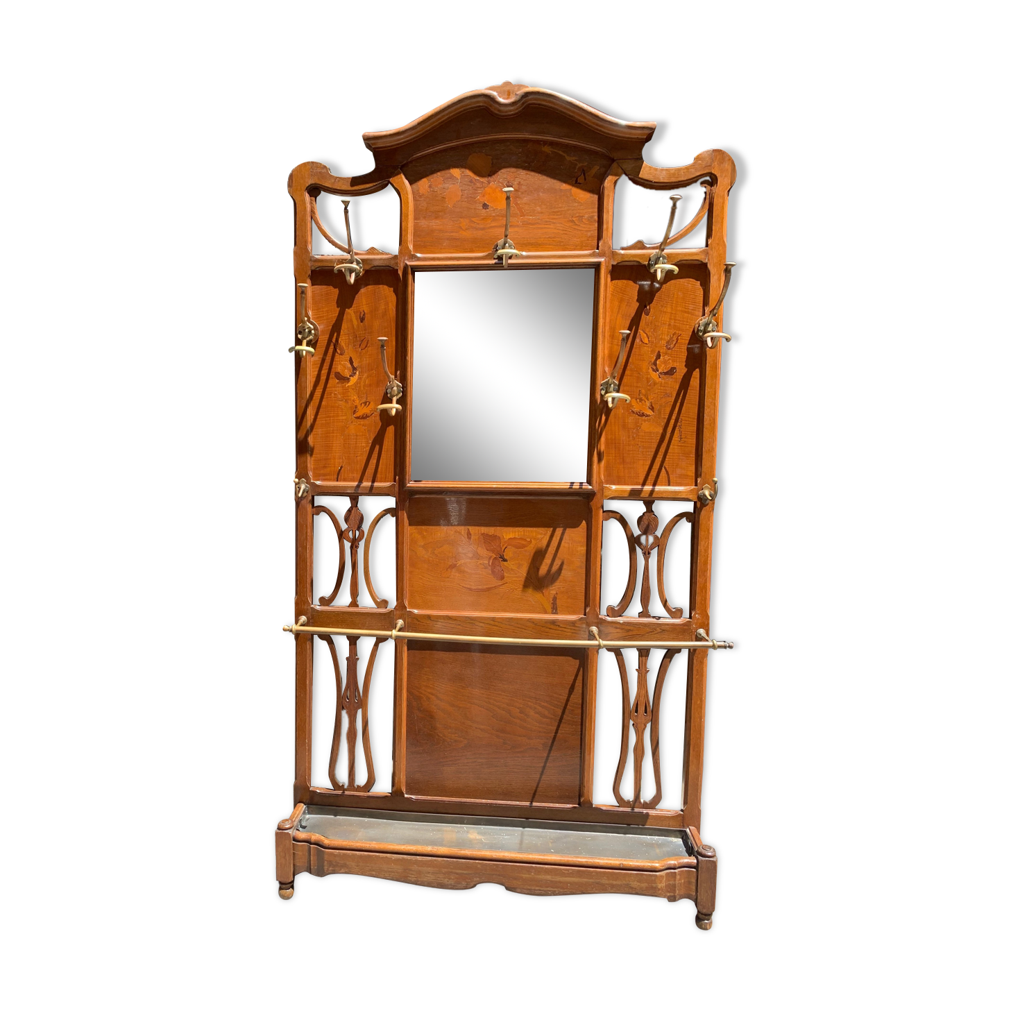 Antique french bronze, acacia, and walnut coat rack by Émile Galle