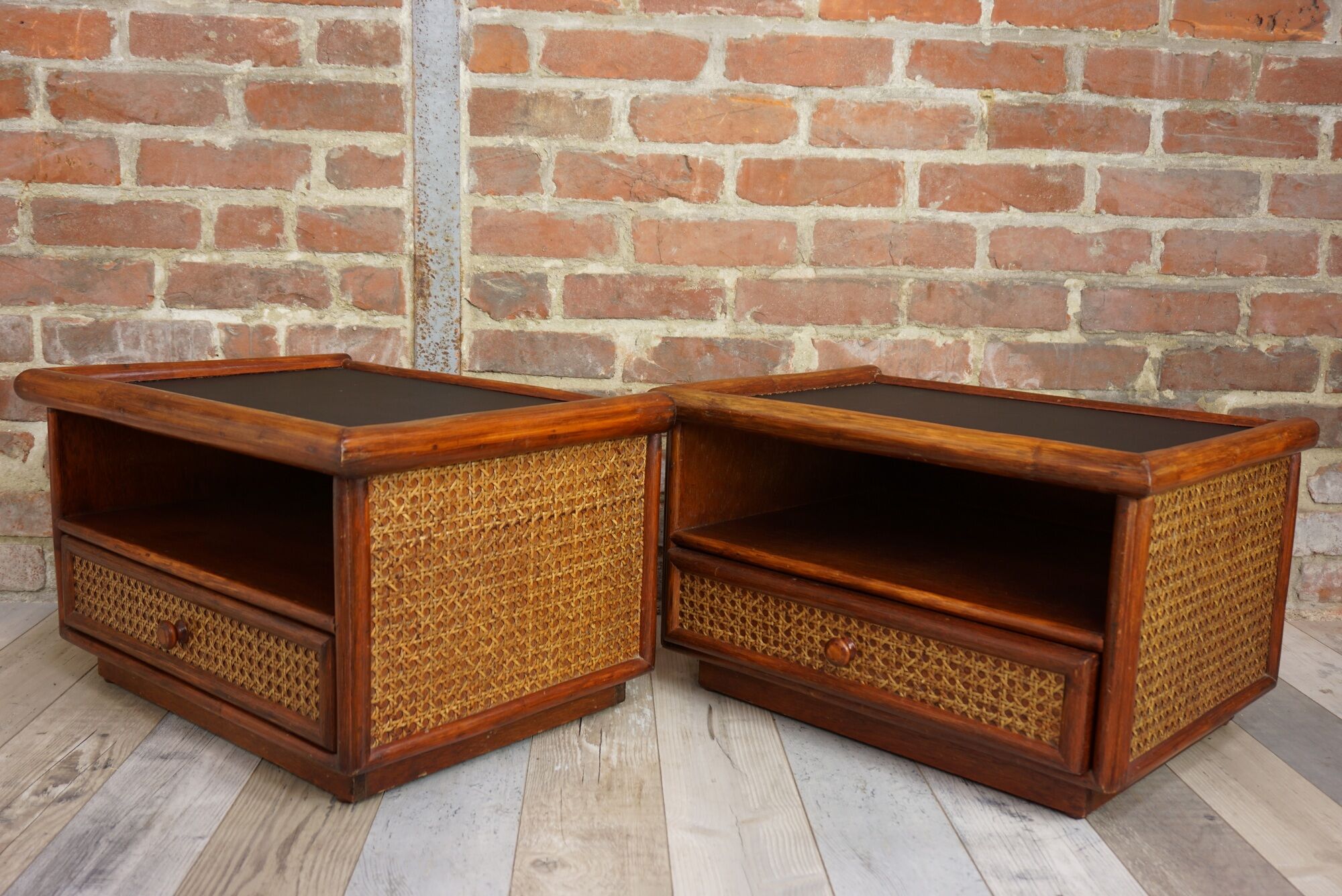 Pair of wooden bedside tables, rattan, canning and faux black leather