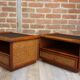 Pair of wooden bedside tables, rattan, canning and faux black leather
