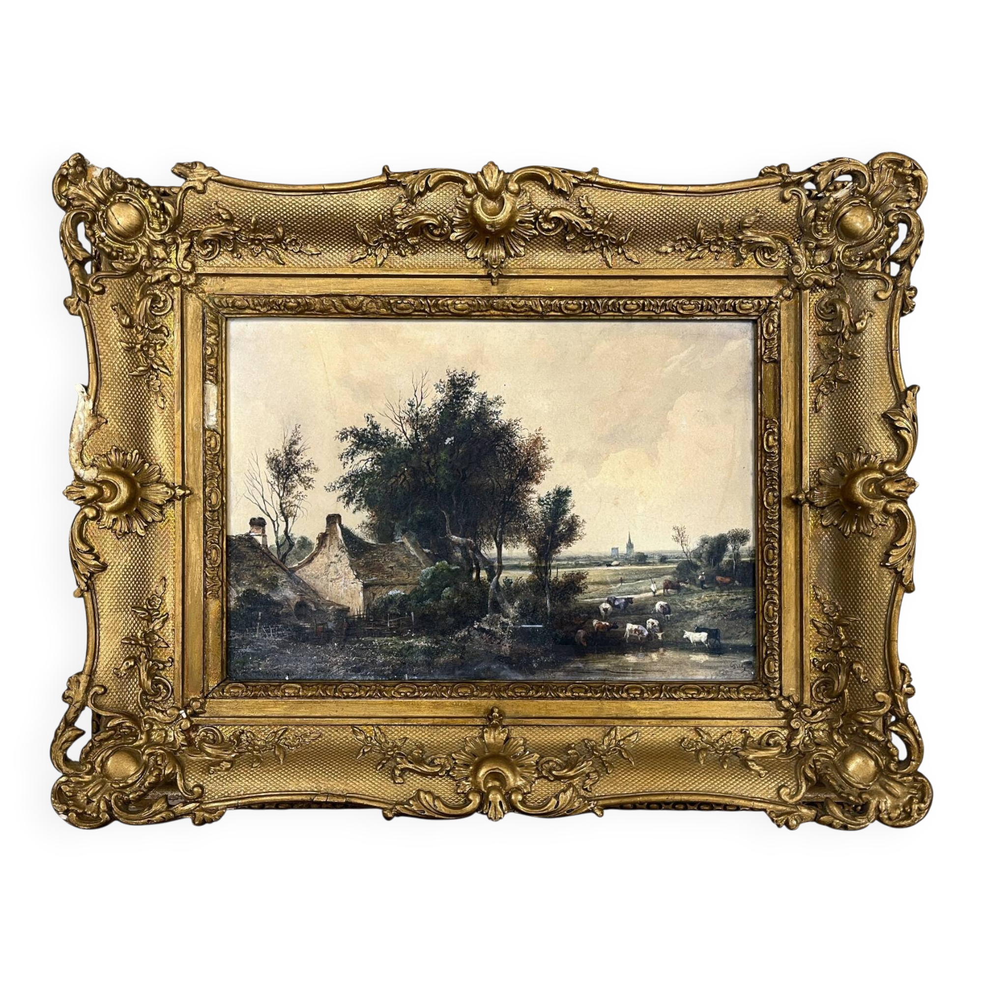 Watercolour "Masure and Herd" Jean-Marie Oscar GUÉ (1809-1877)