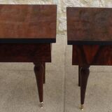 2 Bedside tables typical of the 50s in mahogany-colored varnished wood.