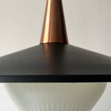 Scandinavian suspension in black metal, copper, and opal glass, 1970s design.