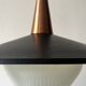 Scandinavian suspension in black metal, copper, and opal glass, 1970s design.