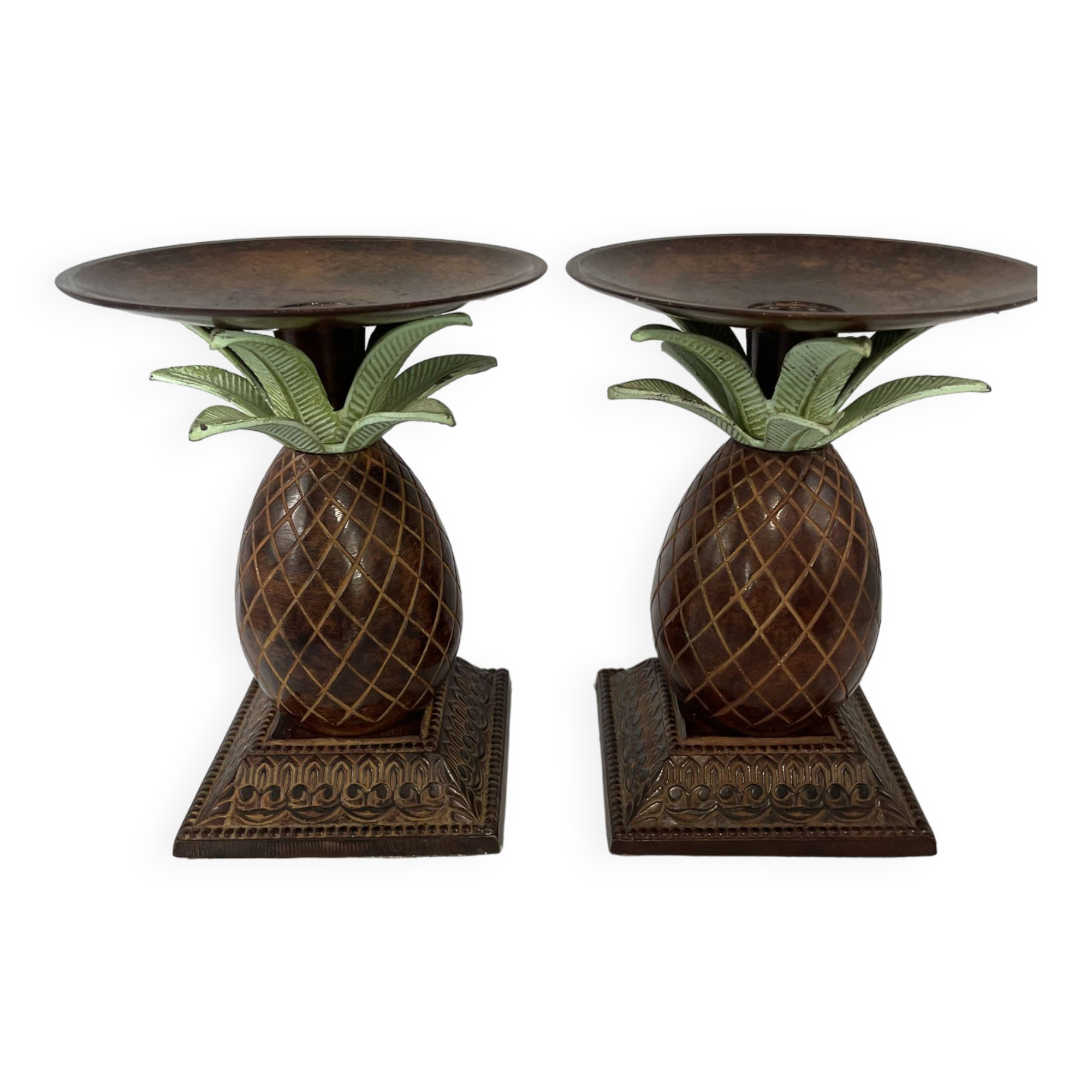 Pair of vintage bronze pineapple candlesticks
