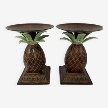Paire de bougeoirs ananas vintage en bronze