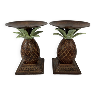 Paire de bougeoirs ananas vintage en bronze