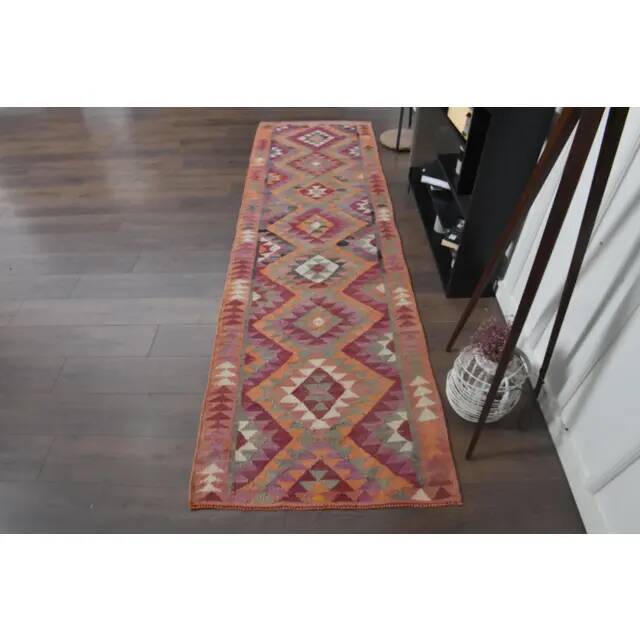 1970s Turkish Oushak Handmade Wool Cotton Pink Runner Rug 94x322
