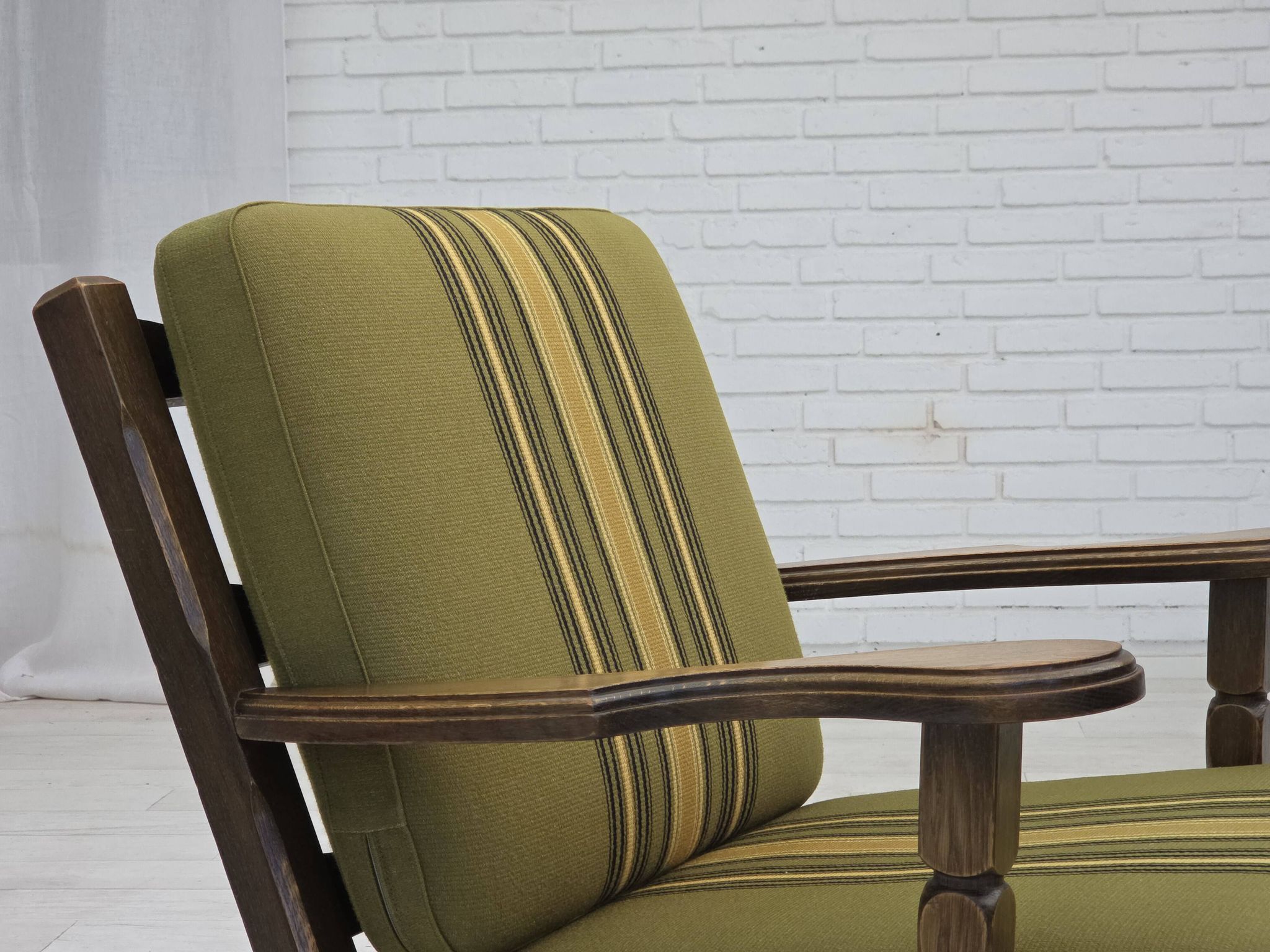 1970s, pair of Danish armchairs, original green furniture wool, oak wood.