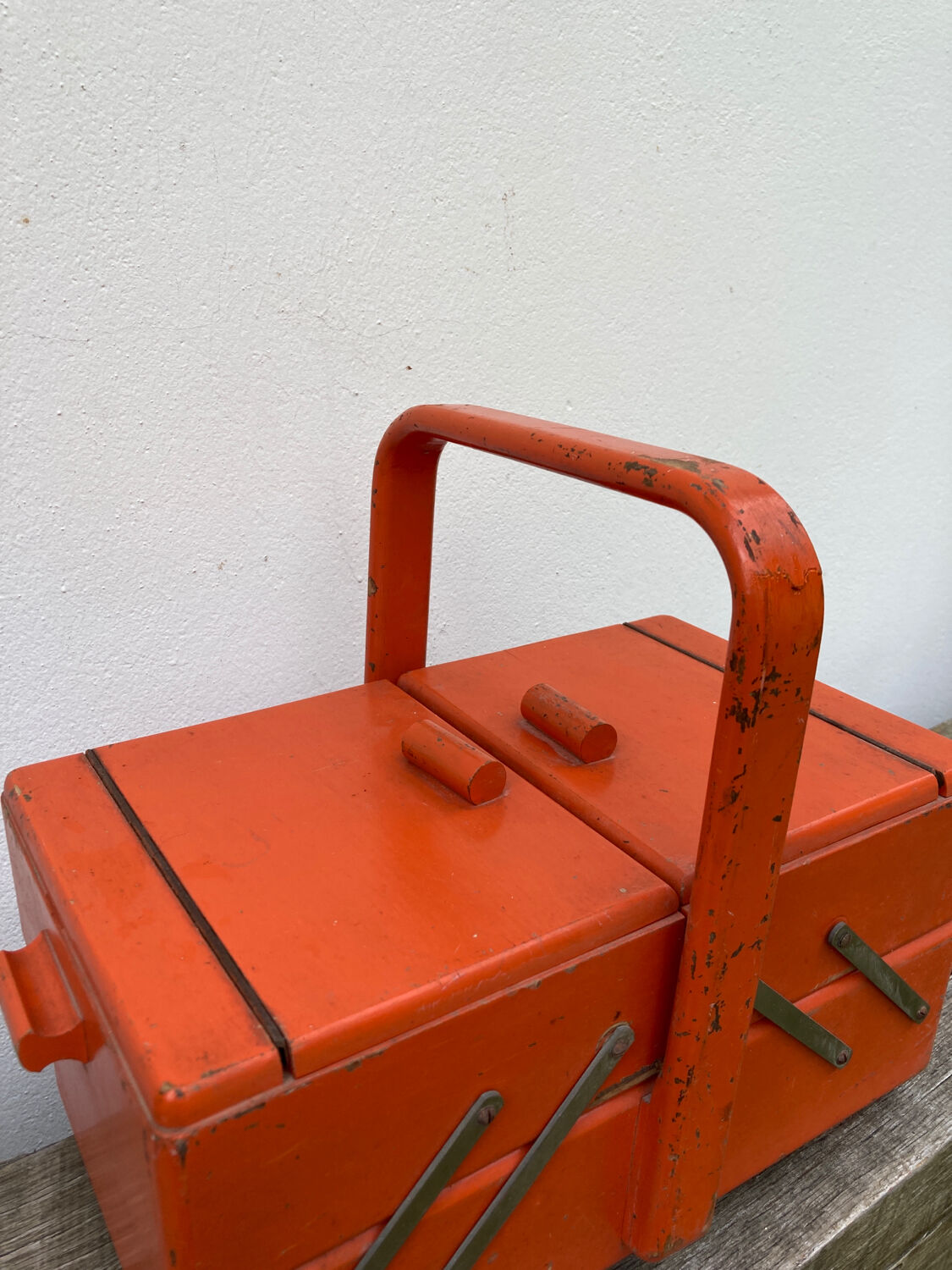 Orange wooden sewing box 1960 1970